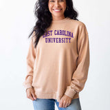 East Carolina Universit Unisex Brown Oversized Burnout fleece Sweatshirt with Ribbed crew neckline, cuffs, hem, dropped shoulders and relaxed bottom hem
