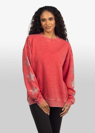 Burnout Crew Sweatshirt with Rhinestone Sleeves in Cardinal