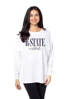 Kansas State Wildcats Unisex White Oversized, slouchy Mineral wash T-Shirt with Extreme dropped shoulders, oversized sleeves and lived-in look and feel