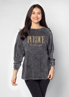 Purdue Boilermakers Unisex Graphite Oversized, slouchy Mineral wash T-Shirt with Extreme dropped shoulders, oversized sleeves and lived-in look and feel