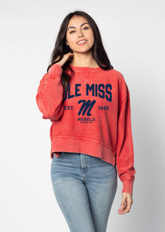 Ole Miss Rebels Women's Red Relaxed Premium cotton corded fleece Sweatshirt with Super soft hand feel, vintage wash, side slits and ribbed crew neckline, cuffs, and hemline