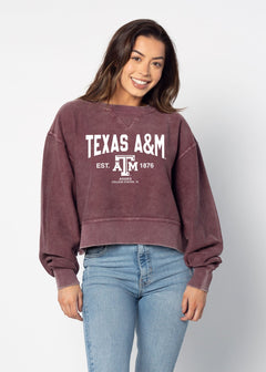 Texas A&M Aggies Women's Maroon Relaxed Premium cotton corded fleece Sweatshirt with Super soft hand feel, vintage wash, side slits and ribbed crew neckline, cuffs, and hemline