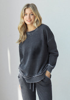Women's Dark Grey Relaxed Burnout fleece Sweatshirt with crew neck, dropped shoulders and hi-lo curved hem