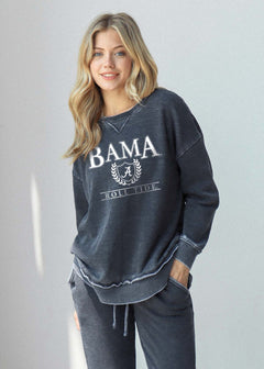 Alabama Crimson Tide Women's Charcoal Relaxed Burnout fleece Sweatshirt with crew neck, dropped shoulders and hi-lo curved hem
