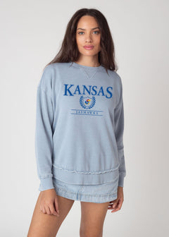 Kansas Jayhawks Women's Faded-Denim Relaxed Burnout fleece Sweatshirt with crew neck, dropped shoulders and hi-lo curved hem
