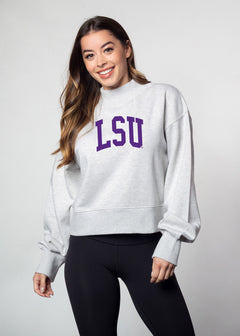 LSU Tigers Women's Ash-Grey Relaxed, waist-length Heavyweight Fleece Sweatshirt with mock neck, drop shoulders and balloon sleeves