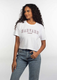 Harvard Women's White Relaxed, boxy Mineral wash T-Shirt with Crew neck and short sleeves