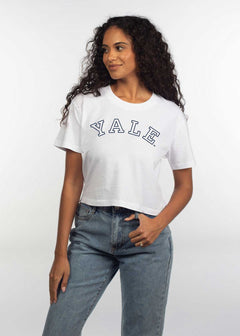 Yale Women's White Relaxed, boxy Mineral wash T-Shirt with Crew neck and short sleeves