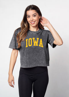Iowa Hawkeyes Women's Graphite Relaxed, boxy Mineral wash T-Shirt with Crew neck and short sleeves