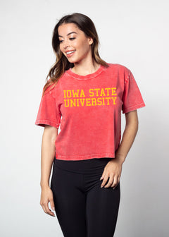 Iowa State Cyclones Women's Cardinal Relaxed, boxy Mineral wash T-Shirt with Crew neck and short sleeves