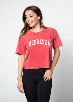 Nebraska Cornhuskers Women's Cardinal Relaxed, boxy Mineral wash T-Shirt with Crew neck and short sleeves