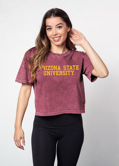 Arizona State Sun Devils Women's Merlot Relaxed, boxy Mineral wash T-Shirt with Crew neck and short sleeves