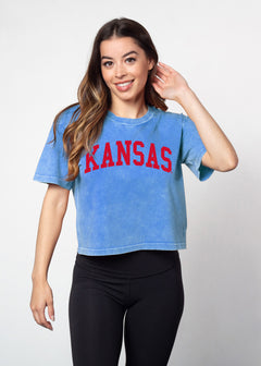 Kansas Jayhawks Women's Cobalt Relaxed, boxy Mineral wash T-Shirt with Crew neck and short sleeves