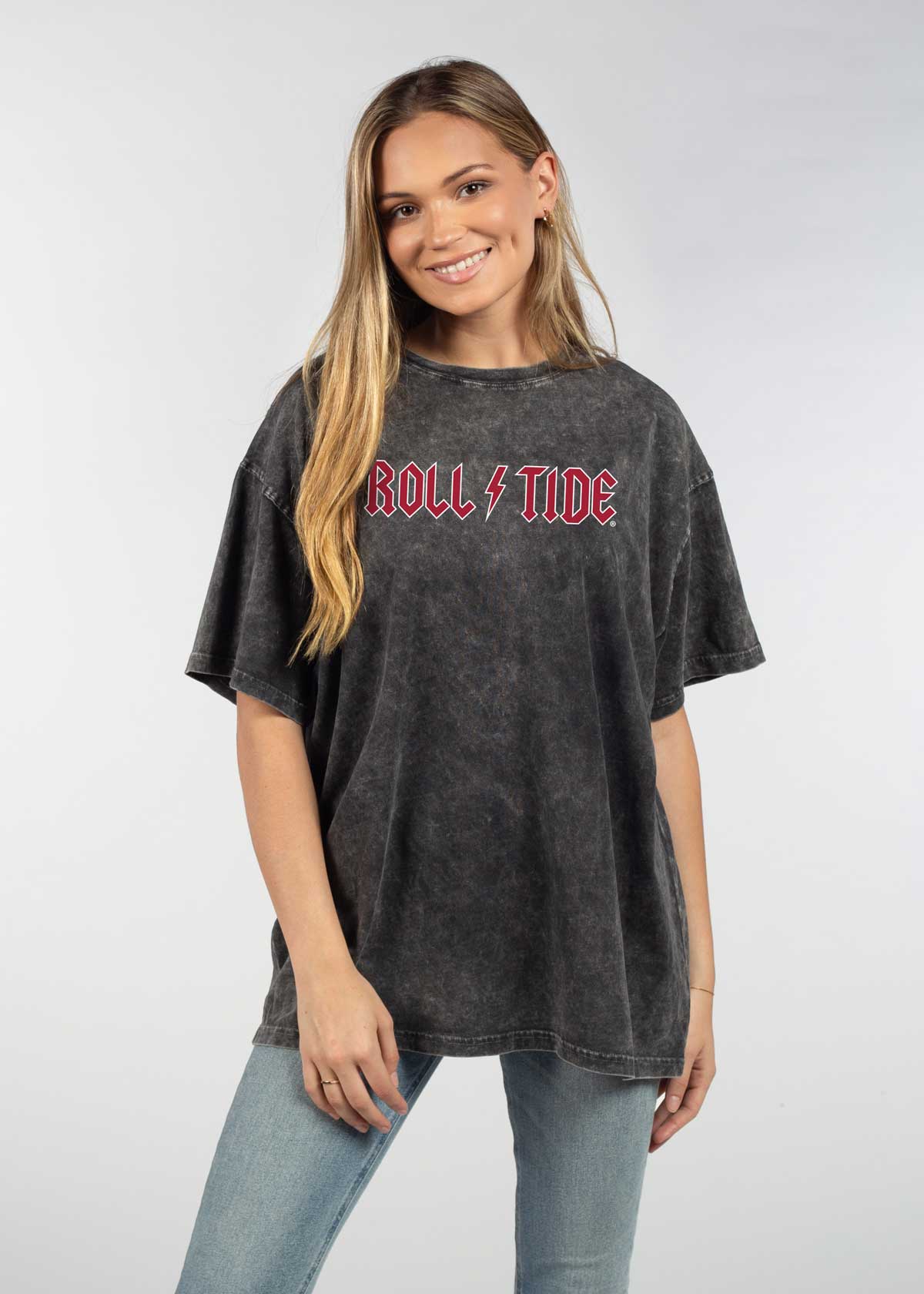 Alabama Crimson Tide Unisex Graphite Oversized Mineral wash T-Shirt with Lived-in feel and look, short sleeve, crew neck and drop shoulders