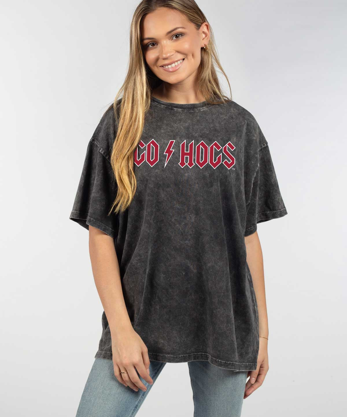 Arkansas Razorbacks Unisex Graphite Oversized Mineral wash T-Shirt with Lived-in feel and look, short sleeve, crew neck and drop shoulders