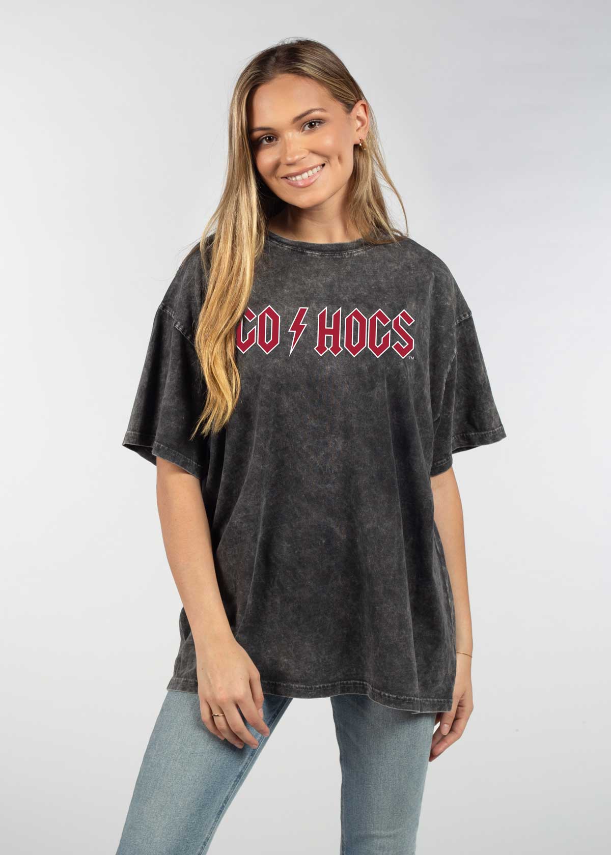 Arkansas Razorbacks Unisex Graphite Oversized Mineral wash T-Shirt with Lived-in feel and look, short sleeve, crew neck and drop shoulders