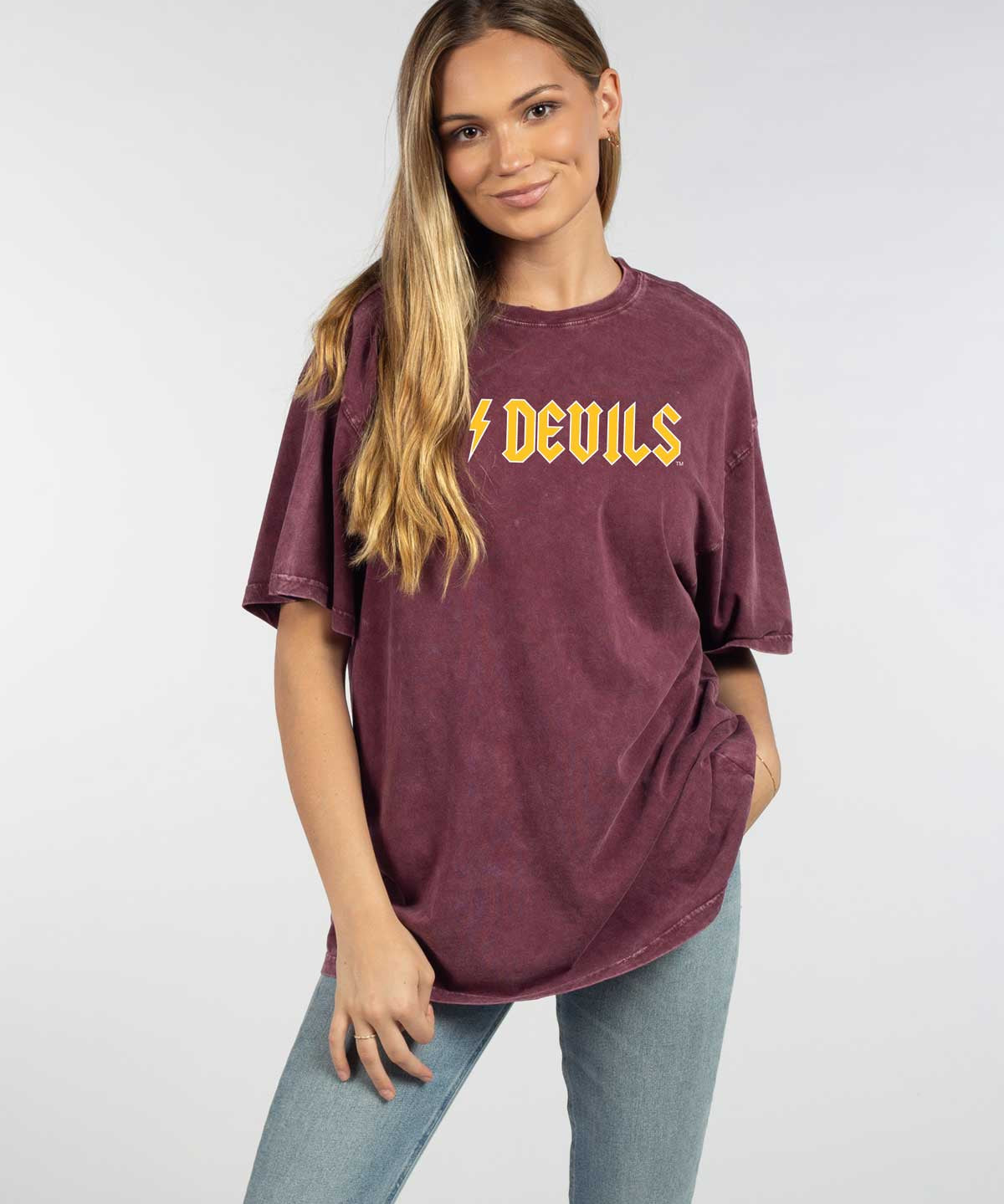 Arizona State Sun Devils Unisex Merlot Oversized Mineral wash T-Shirt with Lived-in feel and look, short sleeve, crew neck and drop shoulders