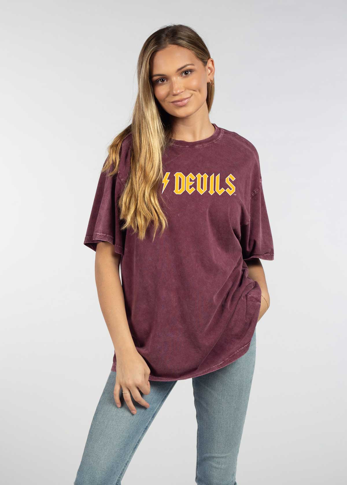 Arizona State Sun Devils Unisex Merlot Oversized Mineral wash T-Shirt with Lived-in feel and look, short sleeve, crew neck and drop shoulders