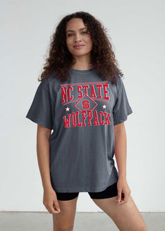 NC State Wolfpack Women's Smoke Oversized Salt wash cotton T-Shirt with short sleeves, worn out look, crew neck and drop shoulders