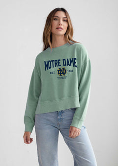 Notre Dame Fighting Irish Women's Mint Relaxed, waist-length, boxy Salt wash fleece Sweatshirt with Crew neck, worn out look, long sleeves and ribbed neckline, cuffs and hem