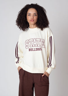 Mississippi State Bulldogs Women's Maroon Relaxed, boxy, waist length Premium fleece Sweatshirt with Mock neck and striped rib at neckline, cuffs and hem
