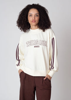 Texas A&M Aggies Women's Maroon Relaxed, boxy, waist length Premium fleece Sweatshirt with Mock neck and striped rib at neckline, cuffs and hem