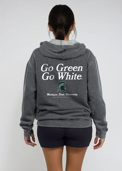 Michigan State Spartans Unisex Charcoal Relaxed Burnout fleece Hoodie with Kangaroo pocket, drop shoulders, lived-in look and feel