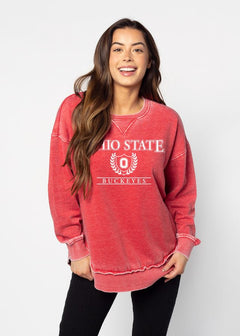 Ohio State Buckeyes Women's Cardinal Relaxed Burnout fleece Sweatshirt with crew neck, dropped shoulders and hi-lo curved hem