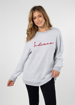 Indiana Hoosiers Women's Heather-Grey Relaxed, straight Yarn-dyed brushed fleece Sweatshirt with the look of sweater, the touch of a blanket, crew neckline and ribbed neck, cuffs and hem