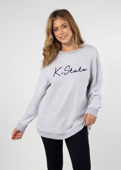 Kansas State Wildcats Women's Heather-Grey Relaxed, straight Yarn-dyed brushed fleece Sweatshirt with the look of sweater, the touch of a blanket, crew neckline and ribbed neck, cuffs and hem