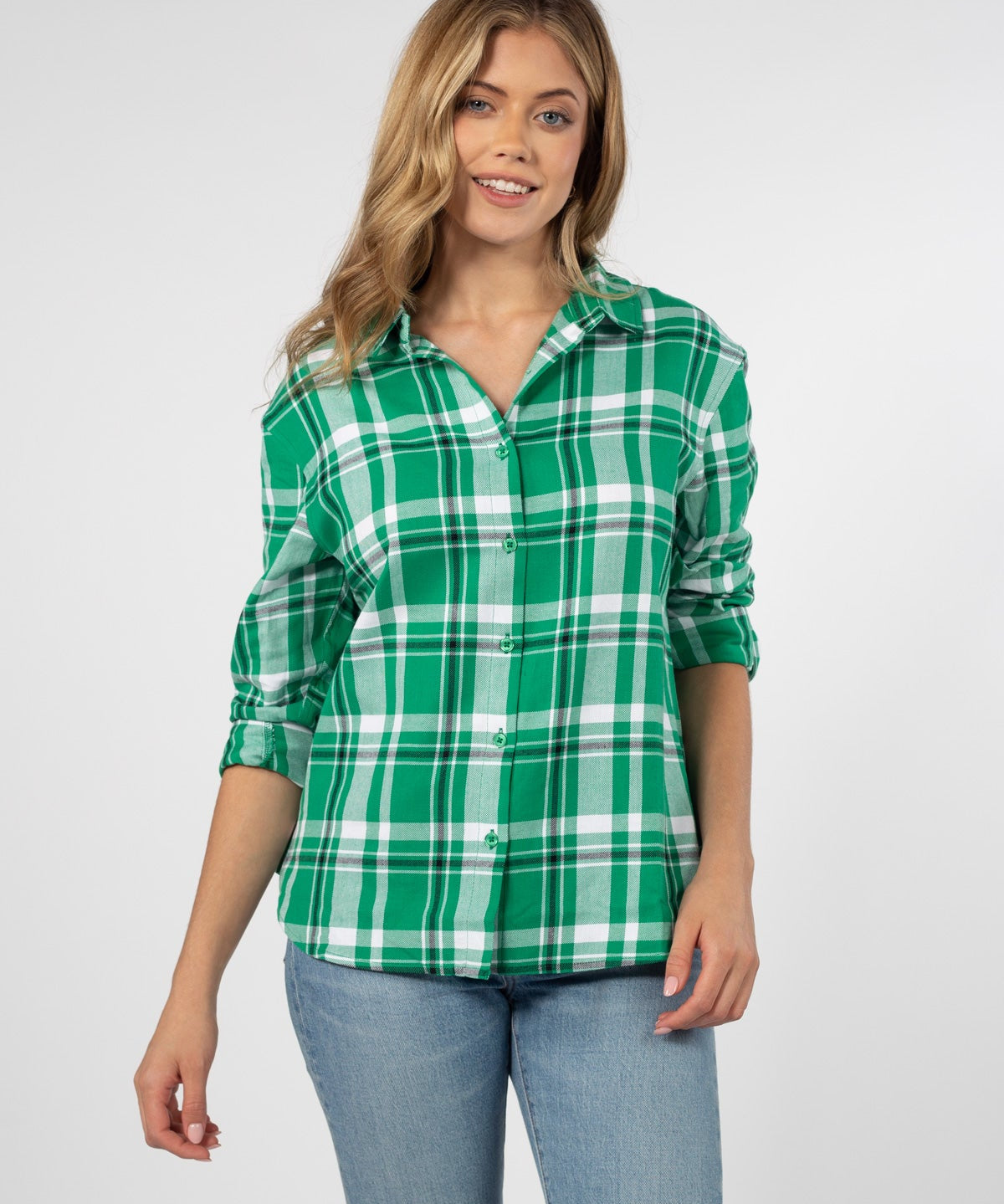 Womens Black and Green Plaid Top