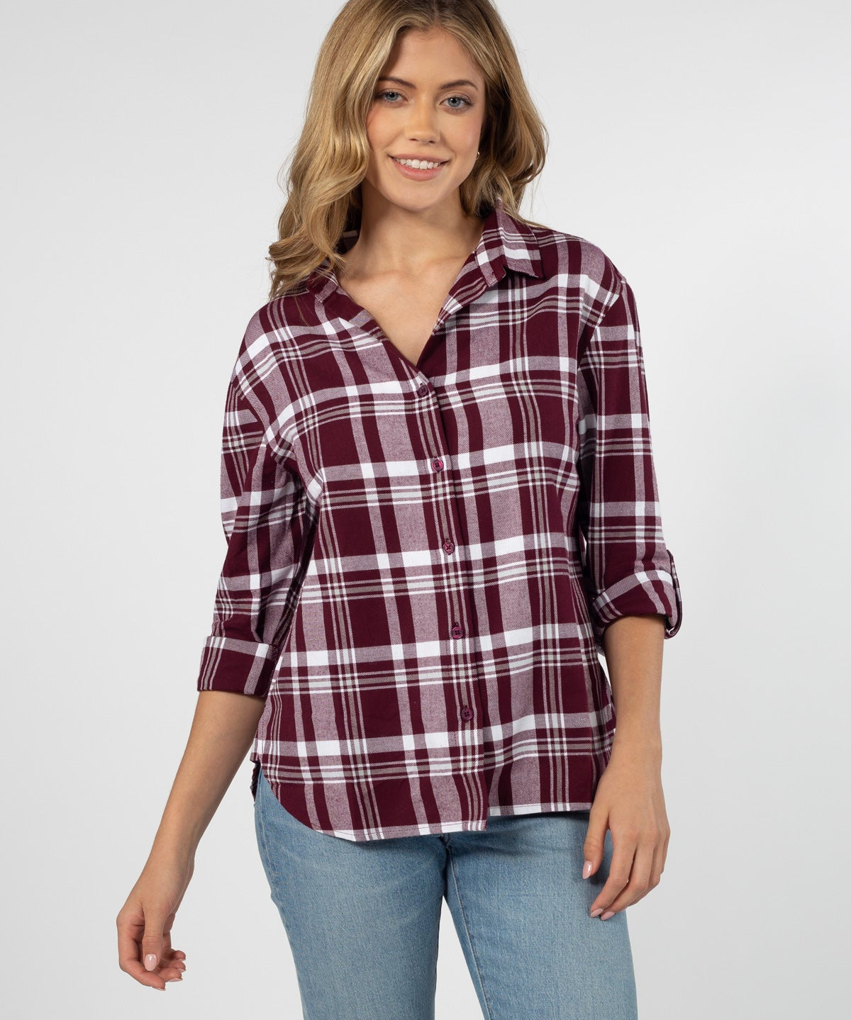 Womens Red and Grey Plaid Top