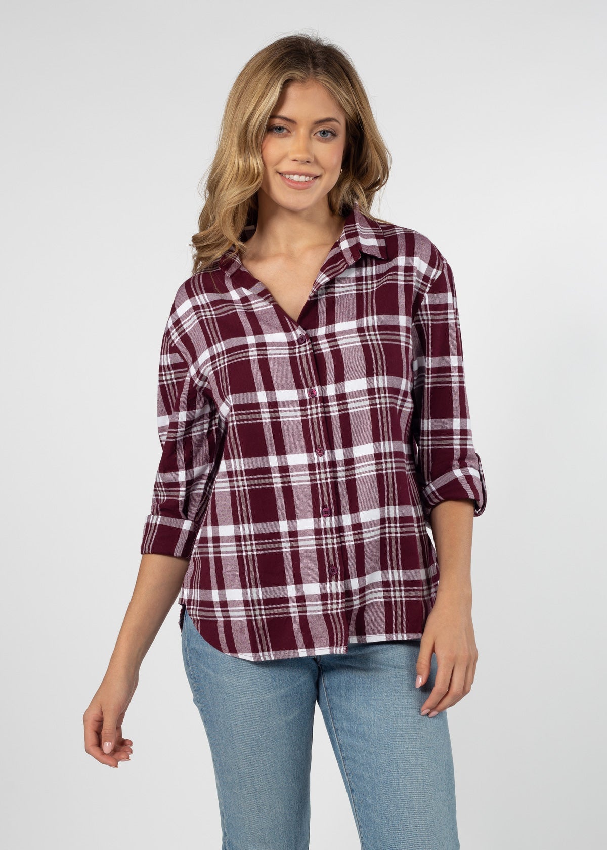Womens Red and Grey Plaid Top