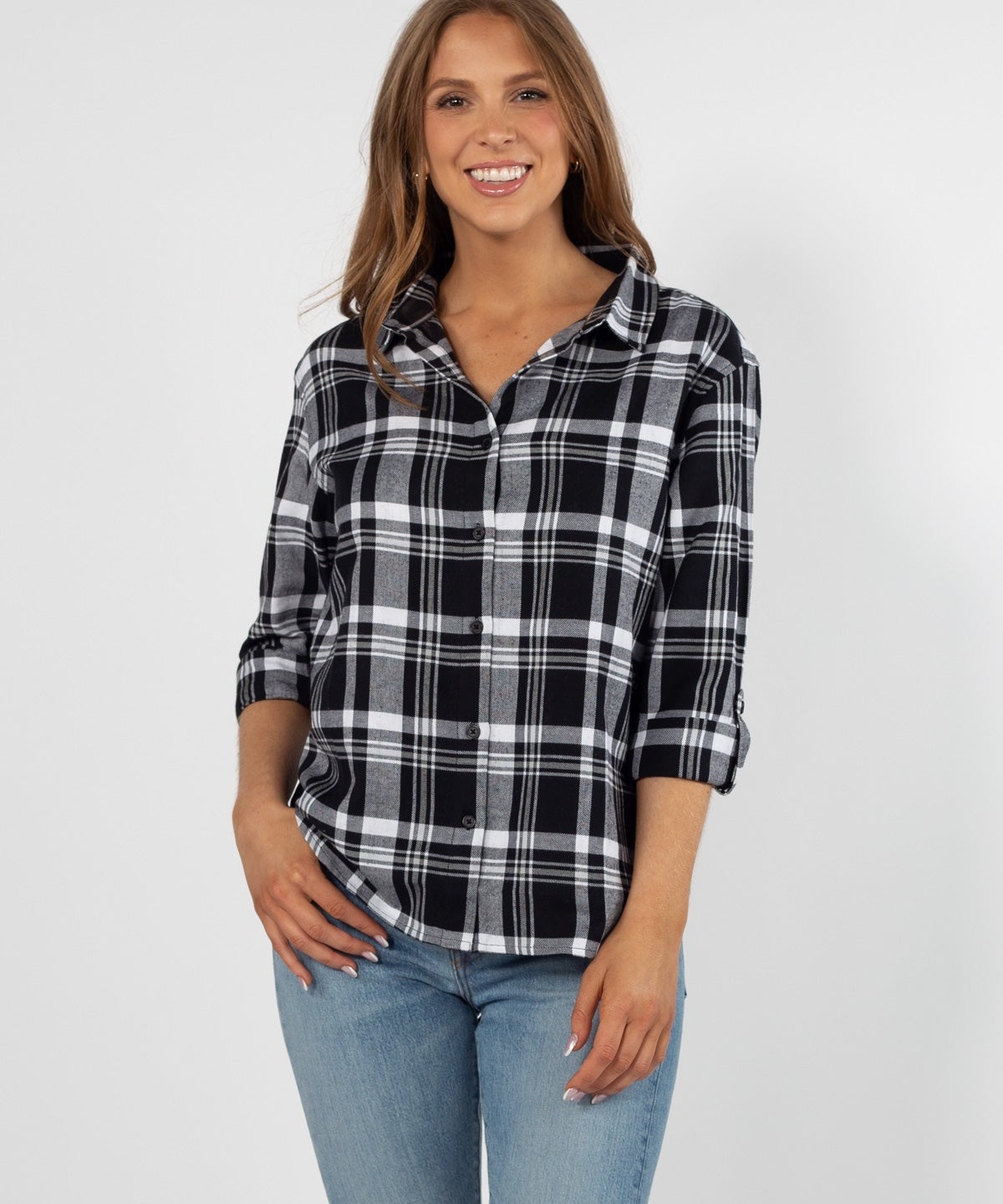 Womens Black and Grey Plaid Top