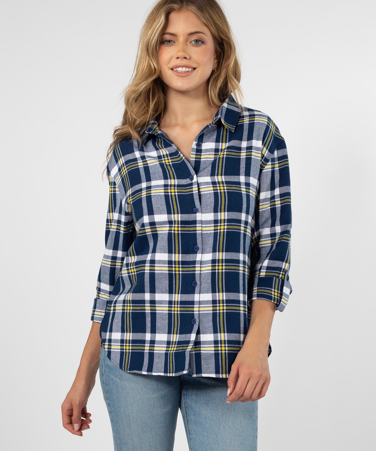 Womens Blue and Yellow Plaid Top
