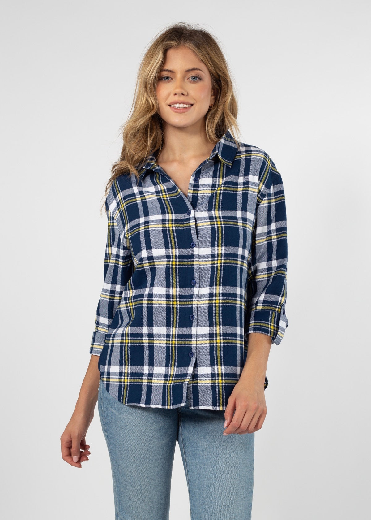 Womens Blue and Yellow Plaid Top