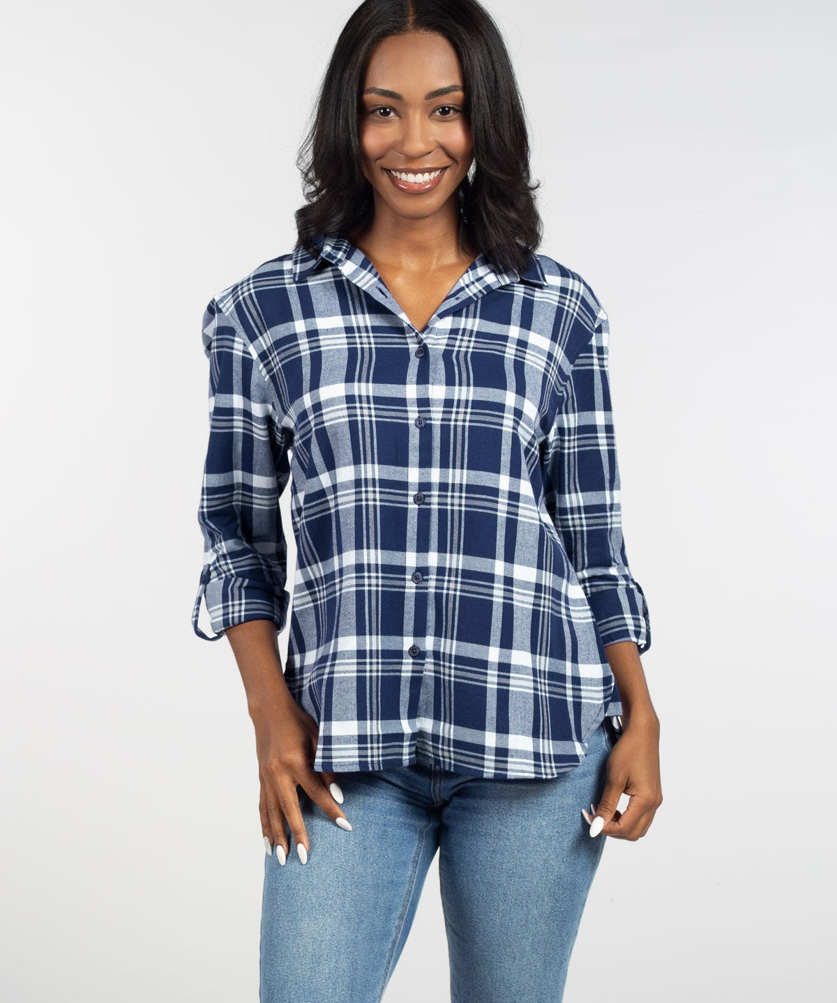Womens Blue and Grey Plaid Top