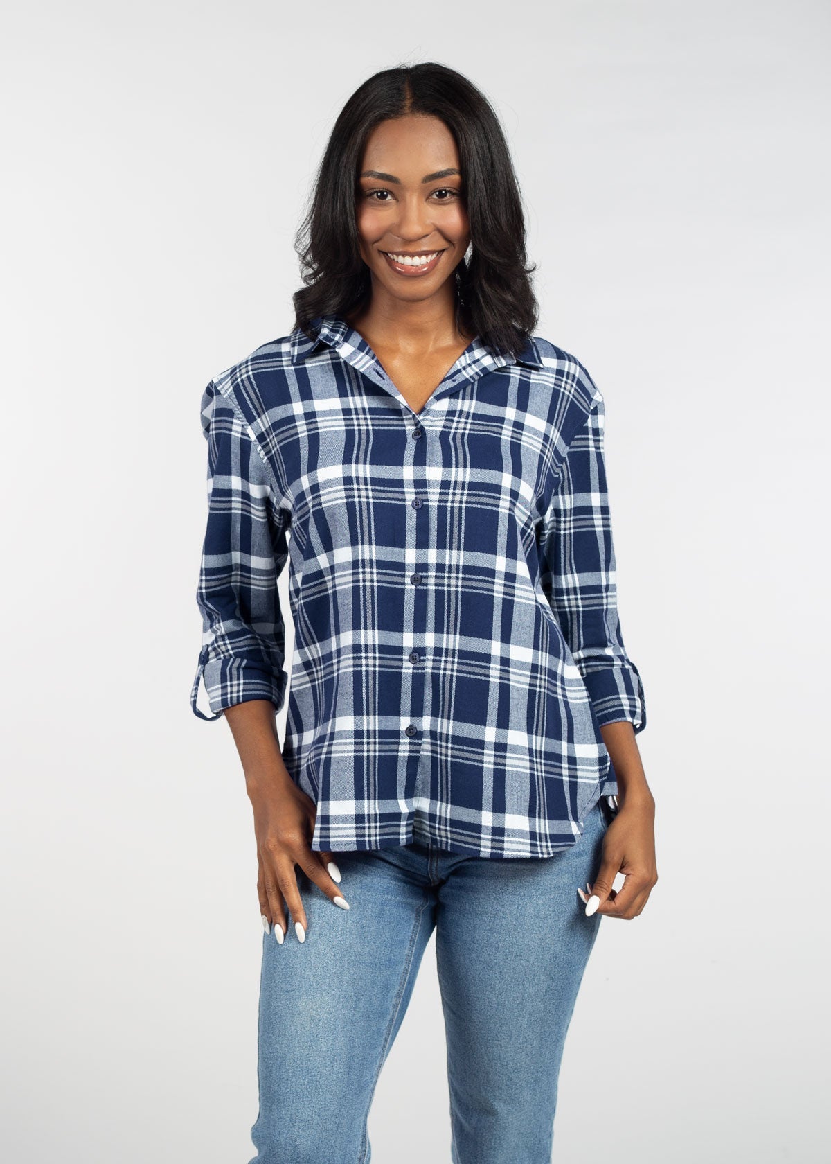 Womens Blue and Grey Plaid Top