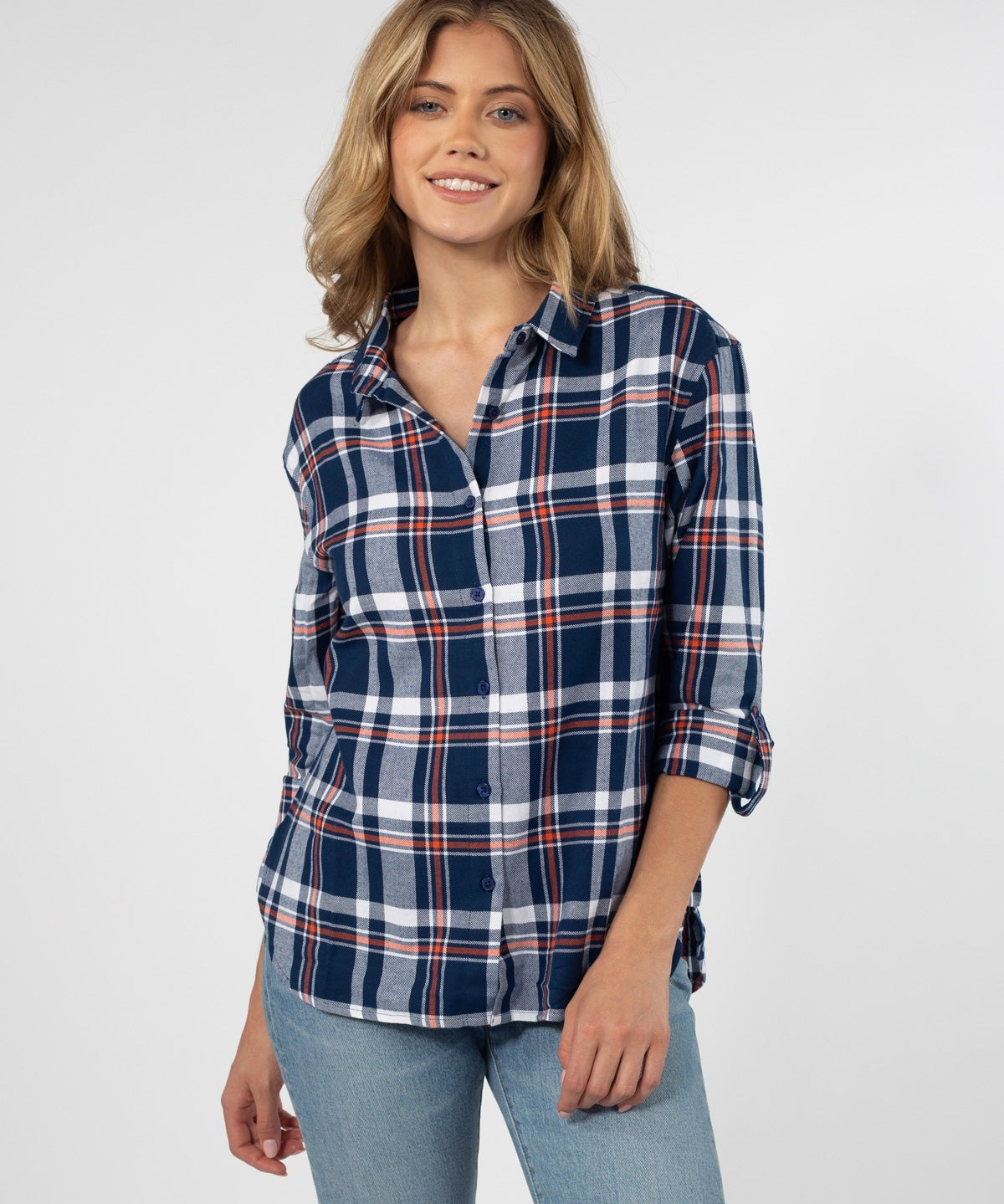 Womens Blue and Orange Plaid Top