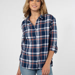 Womens Blue and Orange Plaid Top