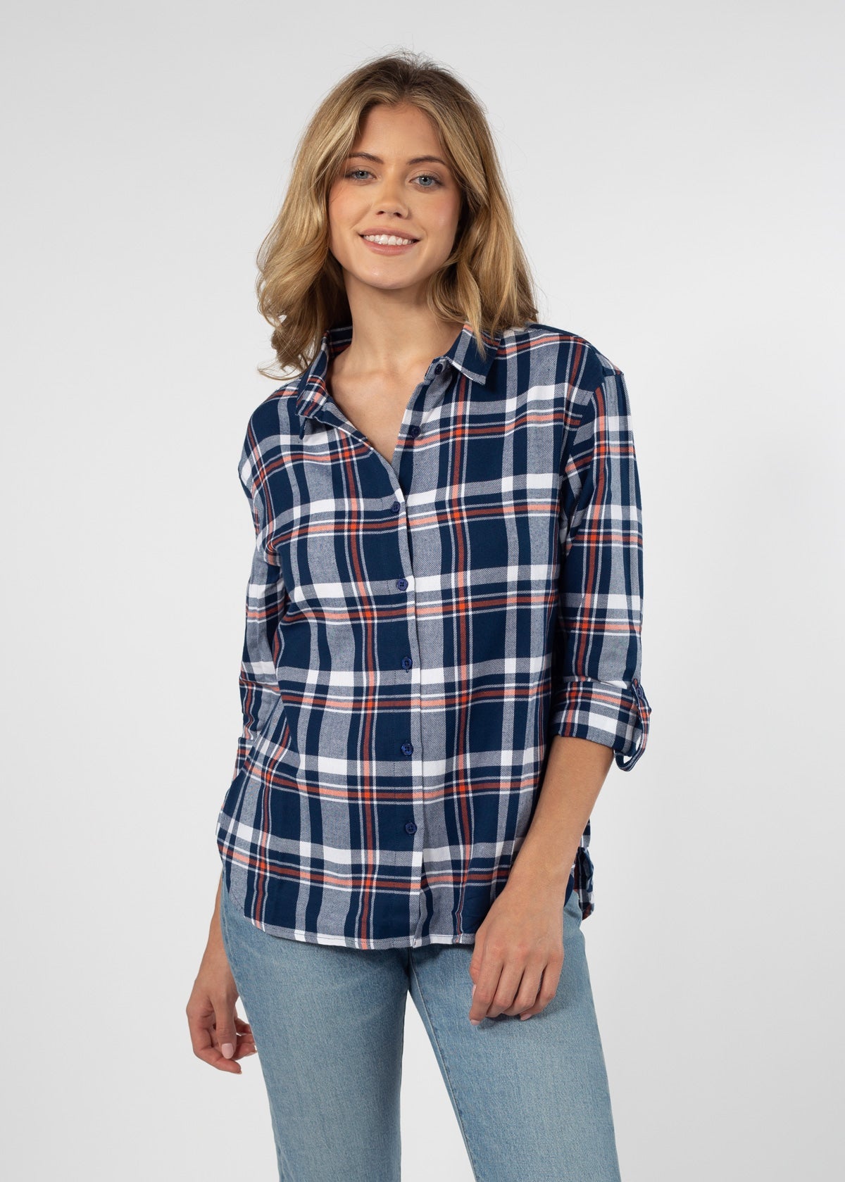 Womens Blue and Orange Plaid Top