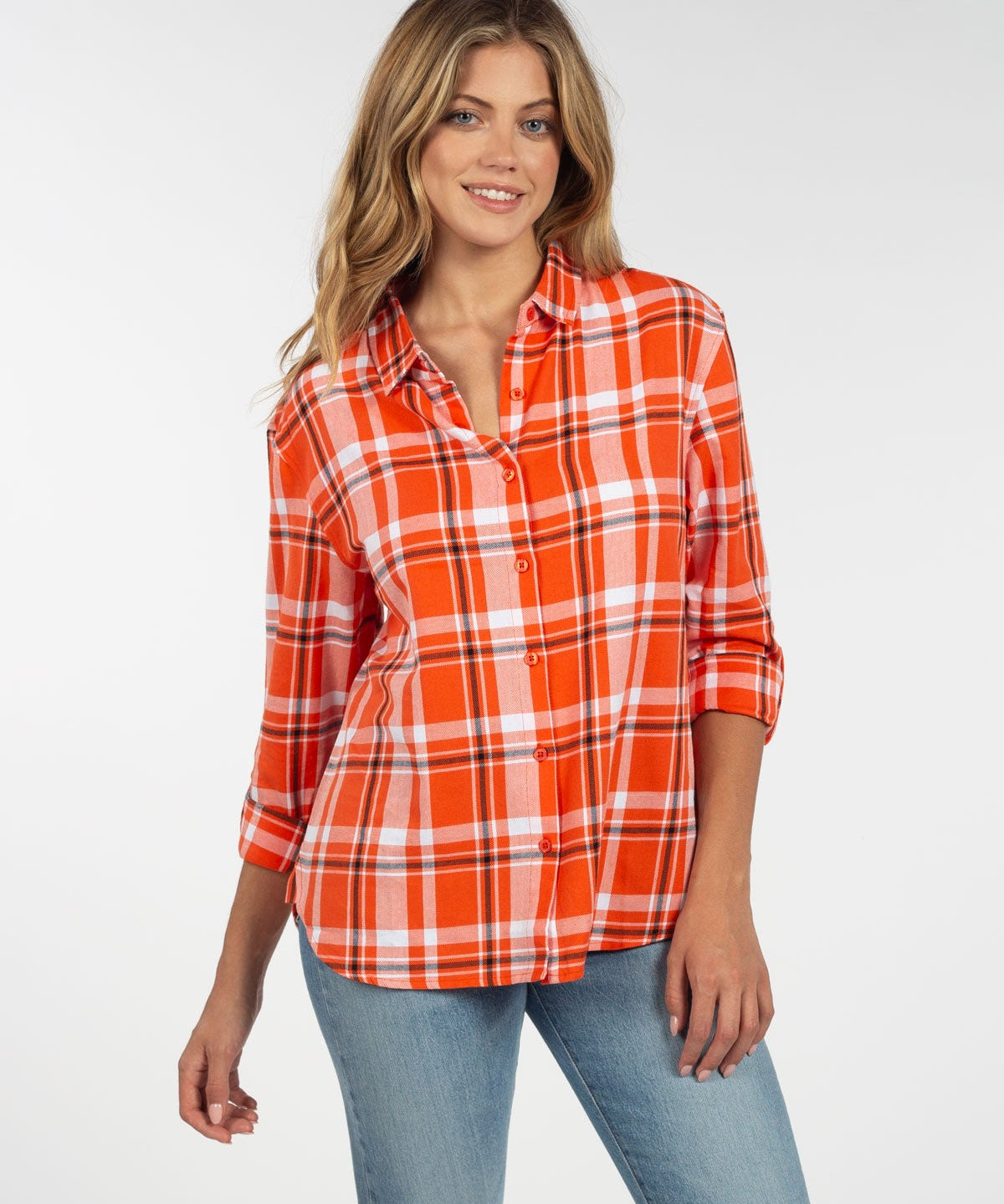 Womens Black and Orange Plaid Top
