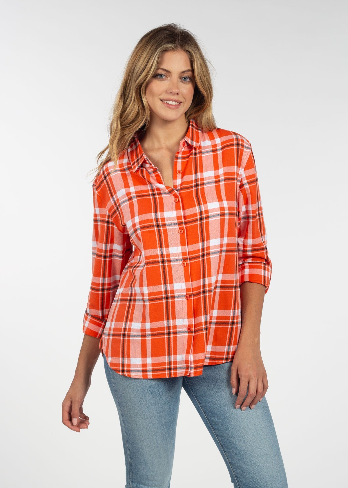 Womens Black and Orange Plaid Top