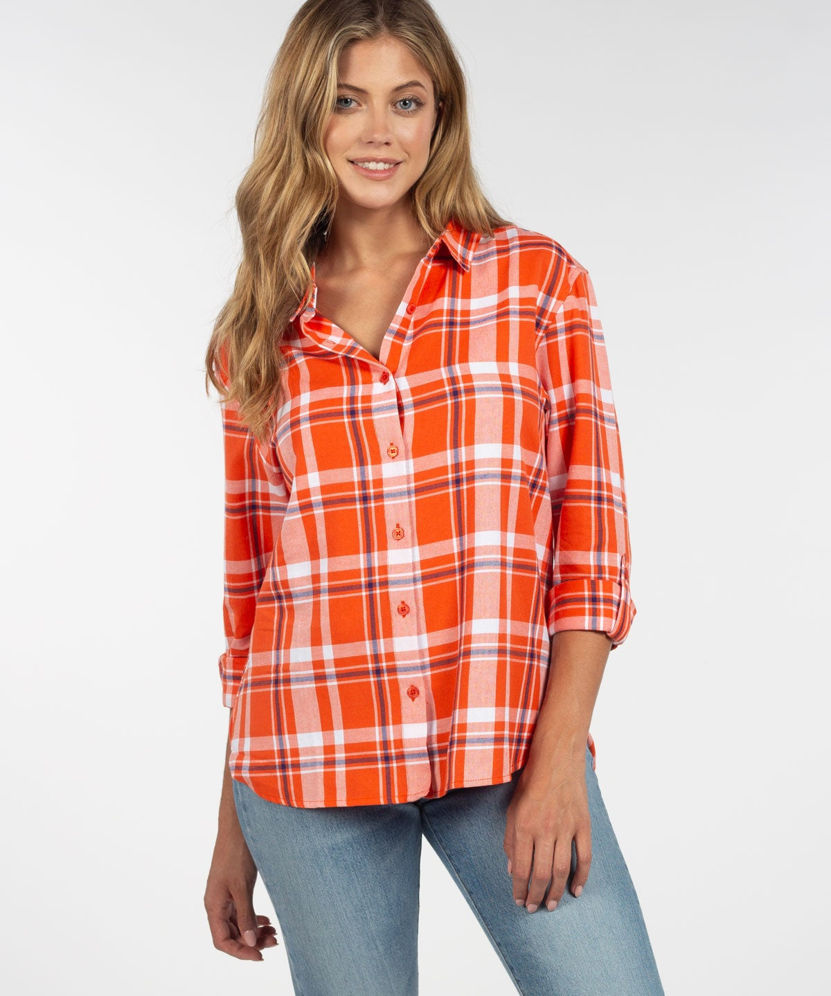 Womens Purple and Orange Plaid Top