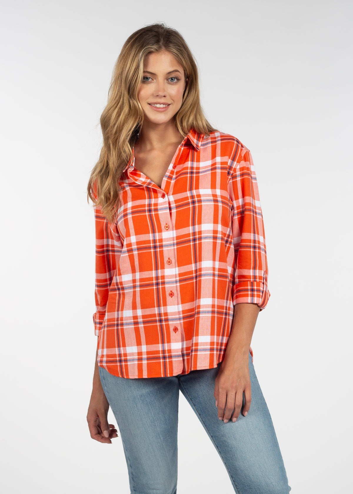 Womens Purple and Orange Plaid Top