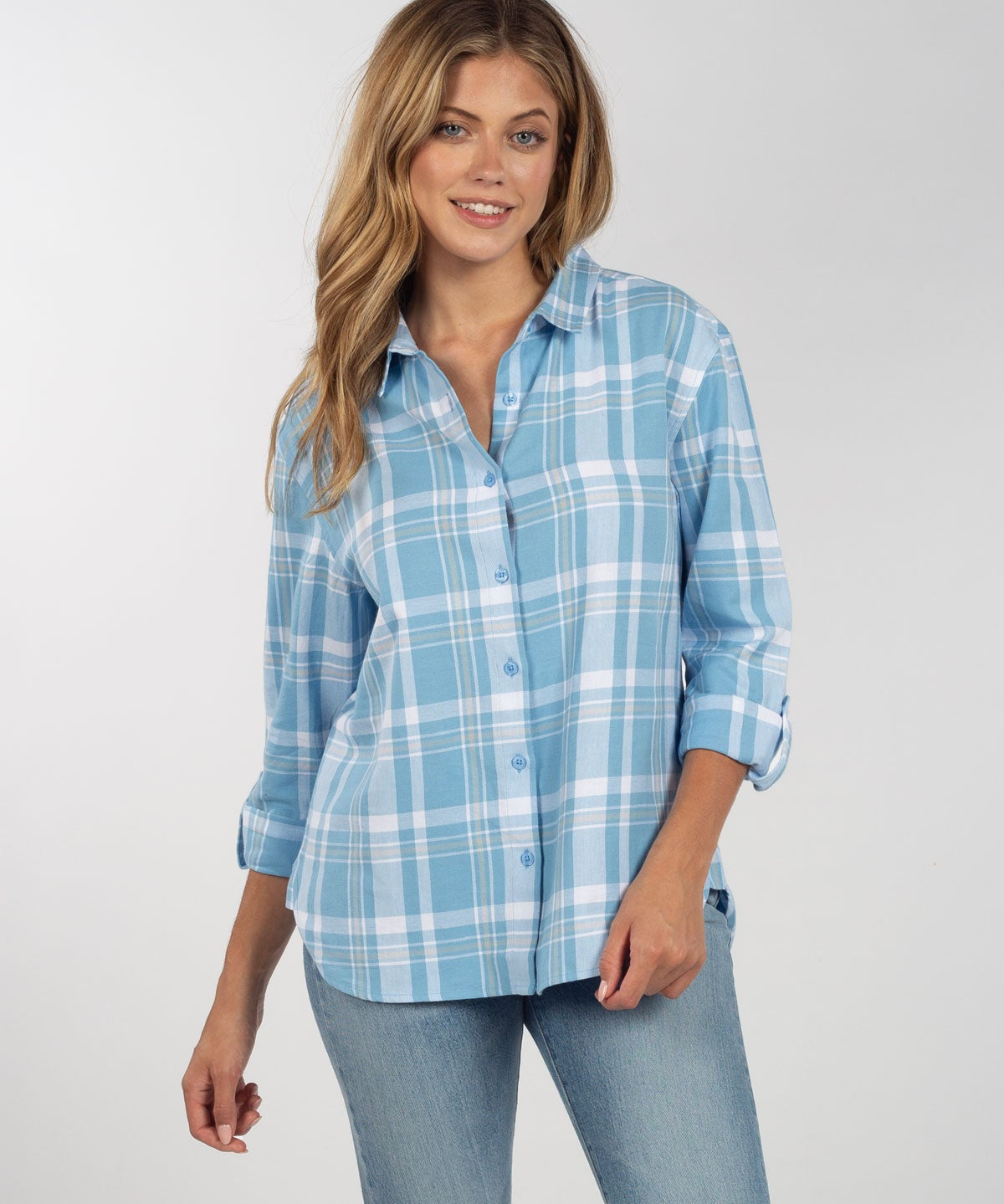 Womens Blue and Grey Plaid Top