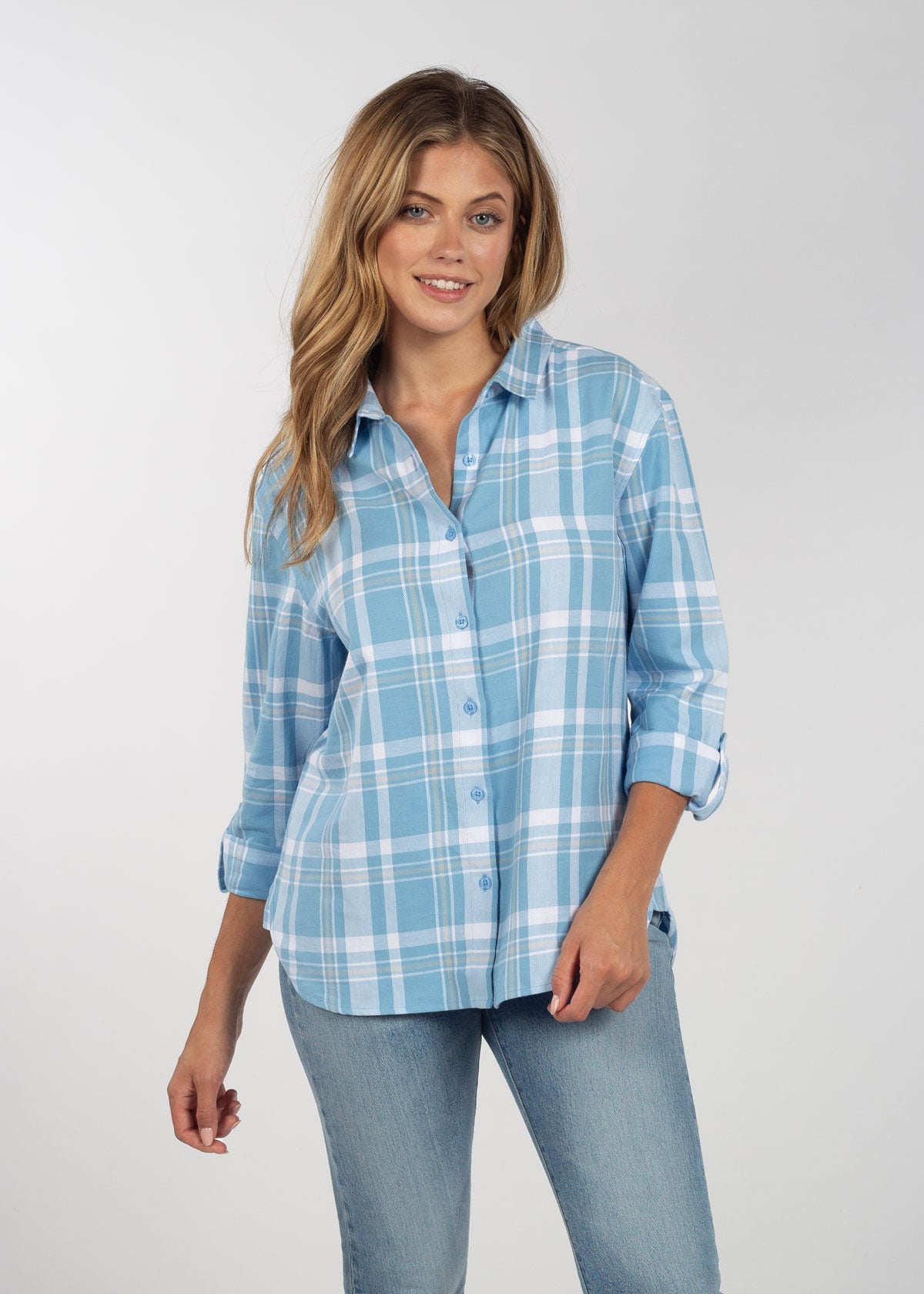 Womens Blue and Grey Plaid Top