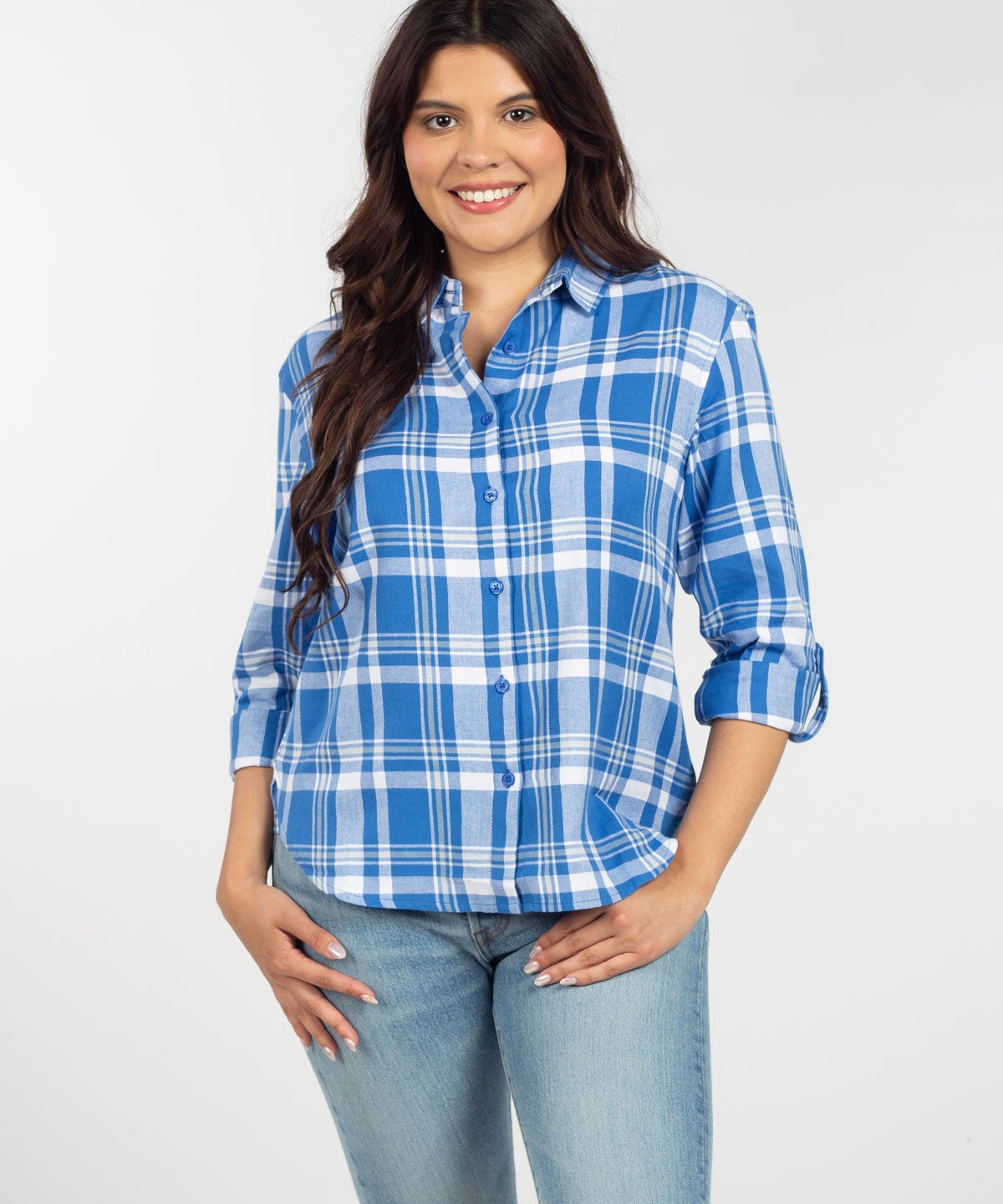 Womens Blue and Grey Plaid Top