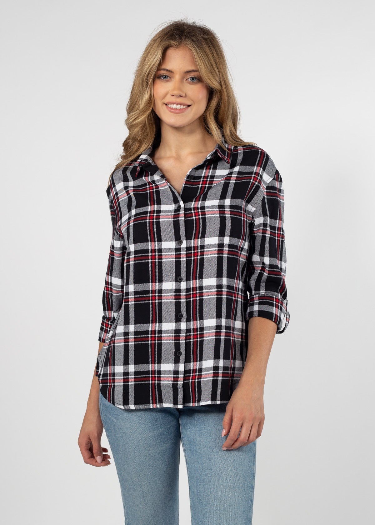 Womens Black and Red Plaid Top