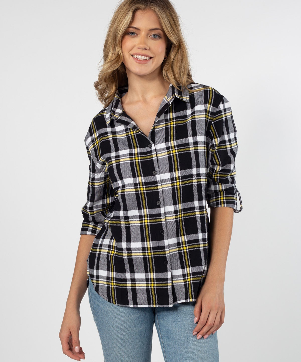Womens Black and Gold Plaid Top